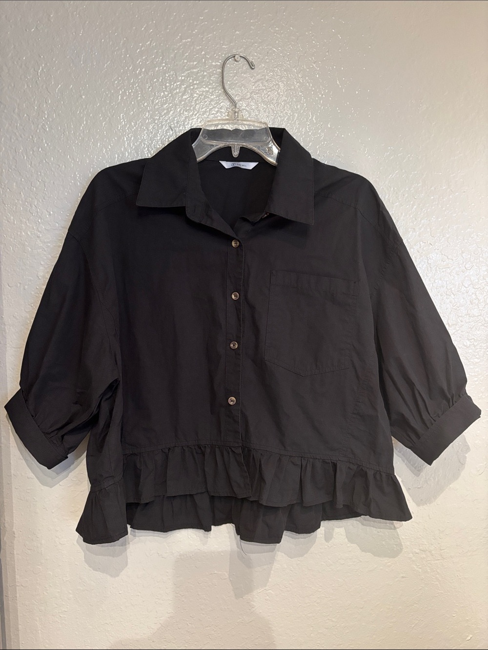 Cotton Black Button-Up Ruffle Hem Top Boho Casual Oversized Cicy Bell Summer